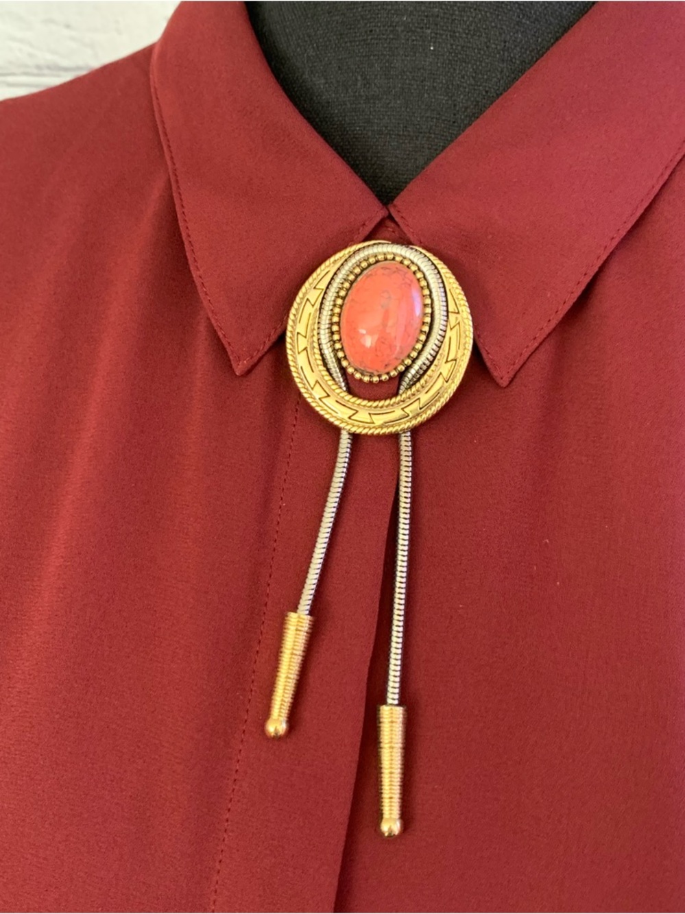 Gold-Tone Coral Stone Bolo Tie Brooch